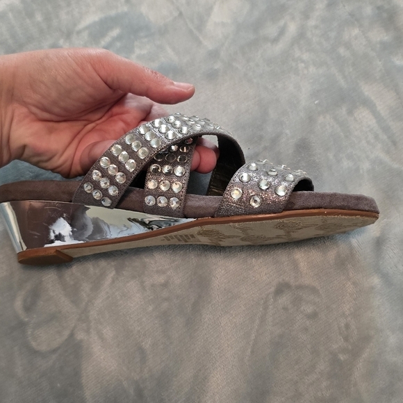 Joan Boyce Shoes - Joan Boyce Gray Mirrored Low Wedge Sandal with Rhinestones  Size 7 (#8)